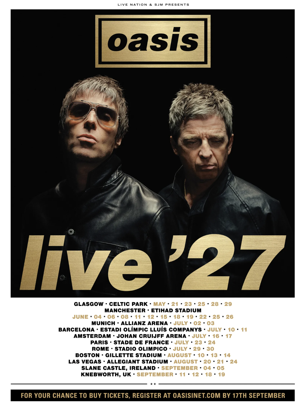 Oasis Live '27 reunion tour poster featuring Liam and Noel Gallagher with international concert dates across Europe and the United States.